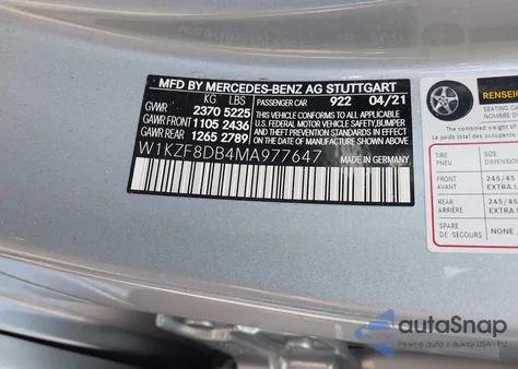 2021 Mercedes-Benz E 350 из США, поврежденный, VIN W1KZF8DB4MA977647